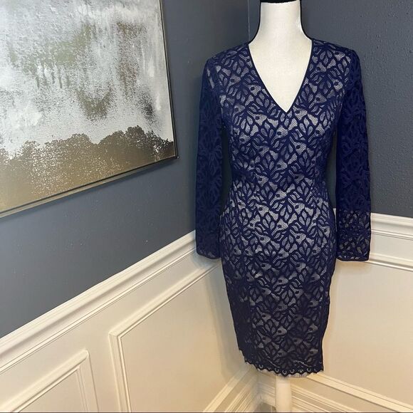 Reiss Fern Blue Lace Long Sleeve Sheath Dress - Picture 3 of 10